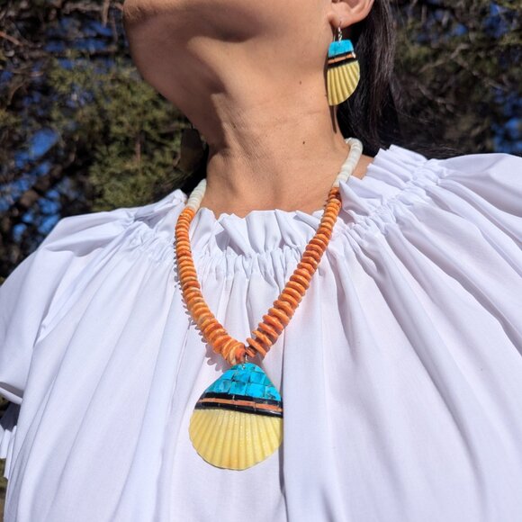 Native American Handmade Tribal Necklace Earrings Set Santo Domingo Kewa Shell * - Picture 13 of 13